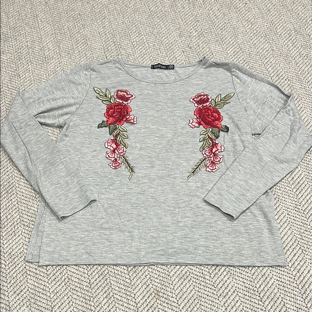 Boohoo Gray Long Sleeve Top with Floral Embroidery